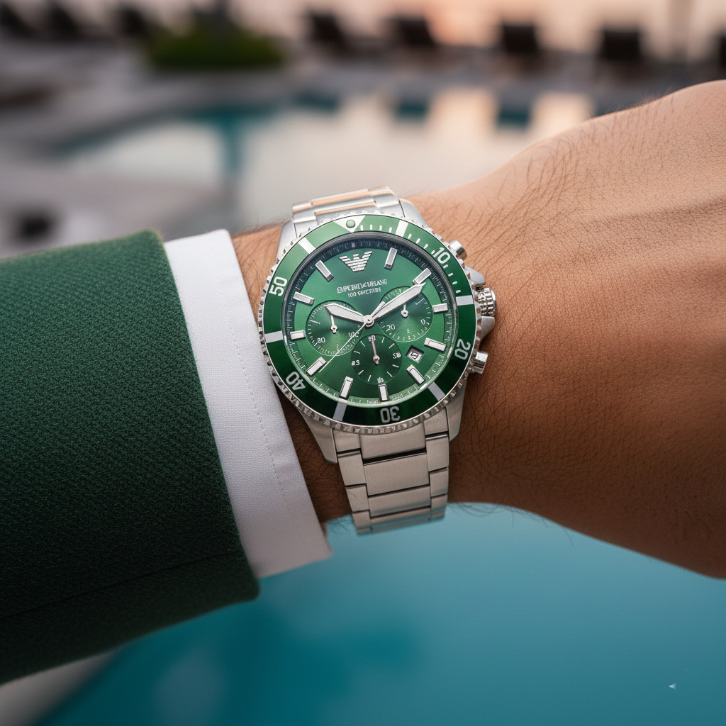 Emporio Armani Diver AR11500 Men's Chronograph Watch – Green Sunray & Green Stainless Steel Bracelet