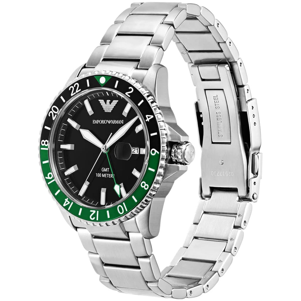 Emporio Armani Diver AR11589 43mm Men's Quartz Watch – Black Textured & Silver-Tone Stainless Steel Bracelet