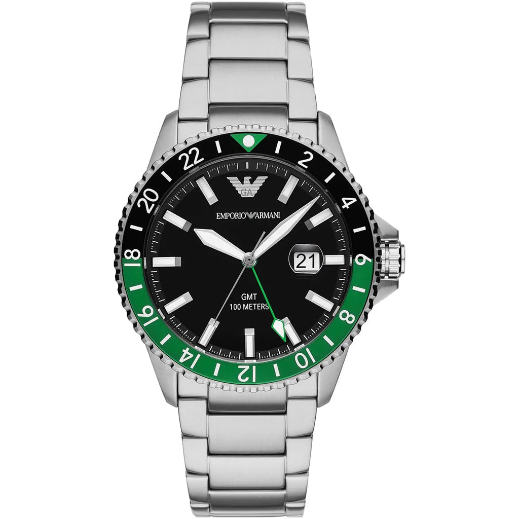 Emporio Armani Diver AR11589 43mm Men's Quartz Watch – Black Textured & Silver-Tone Stainless Steel Bracelet