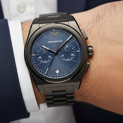 Emporio Armani Federico AR11561 43mm Men's Chronograph Watch – Gunmetal Sunray & Gunmetal Stainless Steel Bracelet