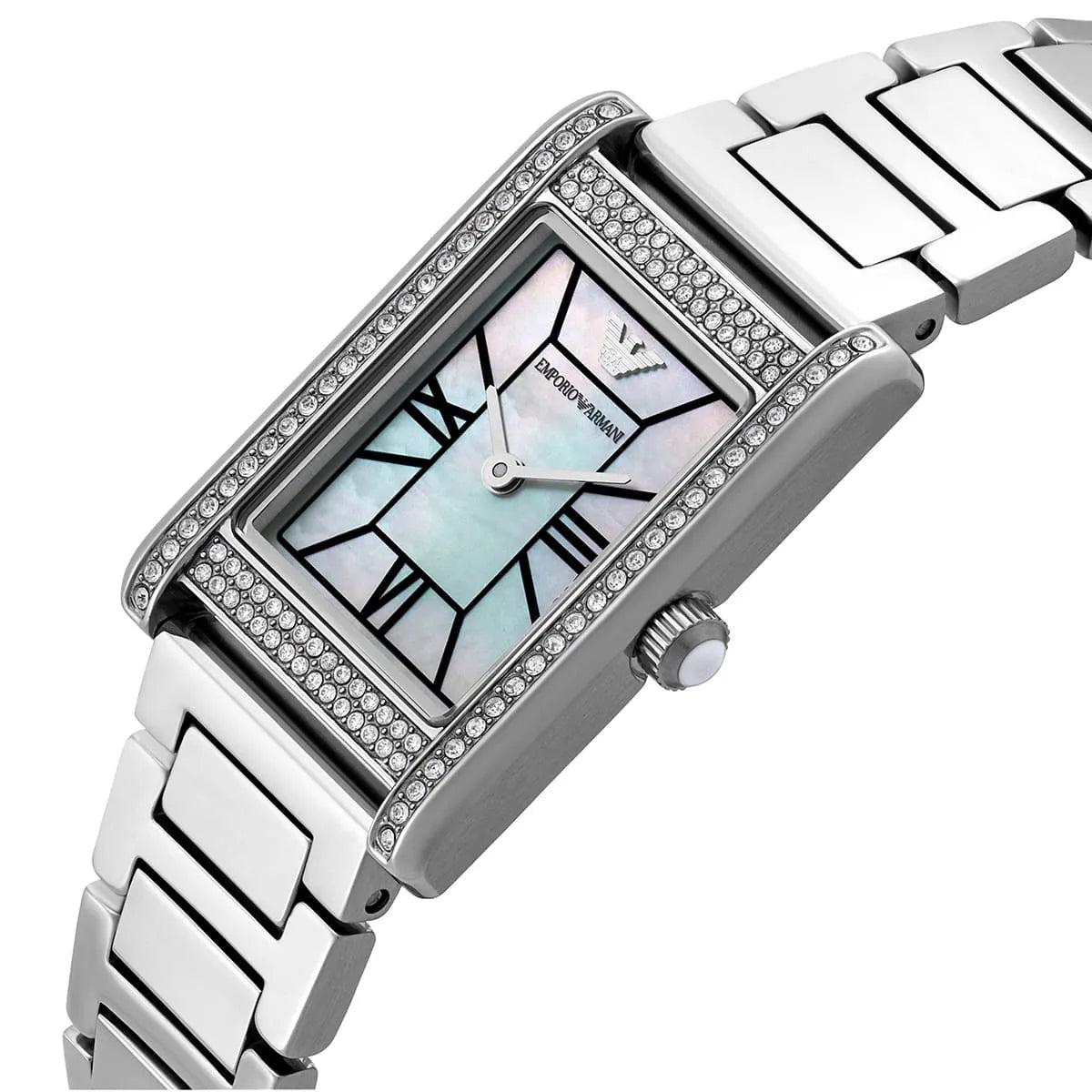 Emporio Armani Genni AR11625 32mm Women's Quartz Watch – White Mother-of-Pearl Crystal-Set & Silver Stainless Steel Bracelet