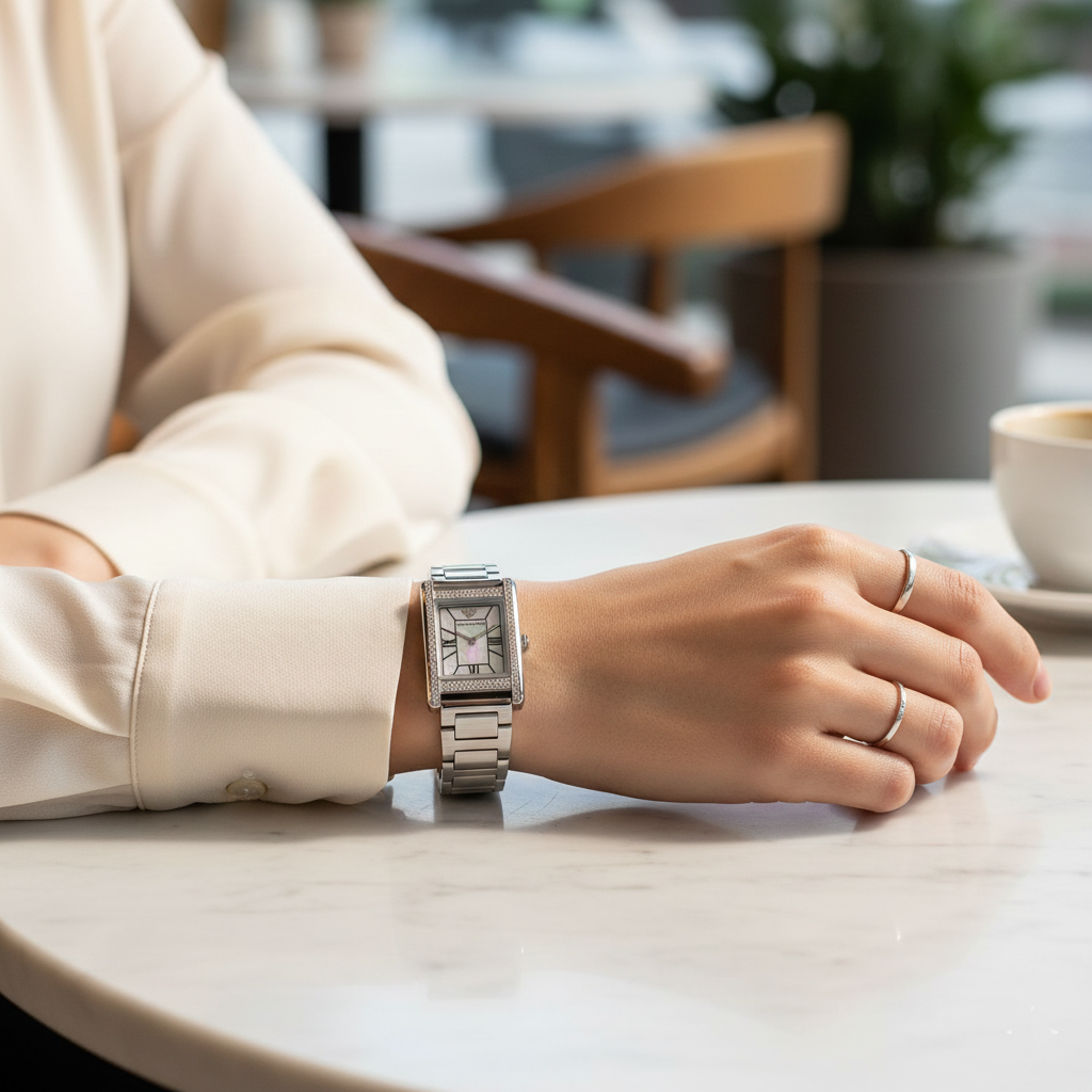 Emporio Armani Genni AR11625 32mm Women's Quartz Watch – White Mother-of-Pearl Crystal-Set & Silver Stainless Steel Bracelet