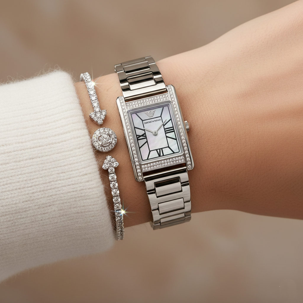 Emporio Armani Genni AR11625 32mm Women's Quartz Watch – White Mother-of-Pearl Crystal-Set & Silver Stainless Steel Bracelet