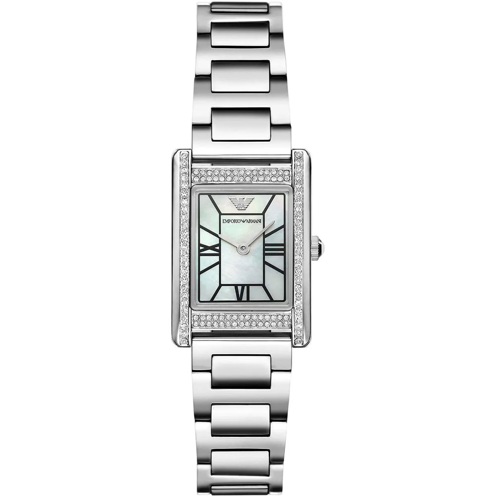 Emporio Armani Genni AR11625 32mm Women's Quartz Watch – White Mother-of-Pearl Crystal-Set & Silver Stainless Steel Bracelet