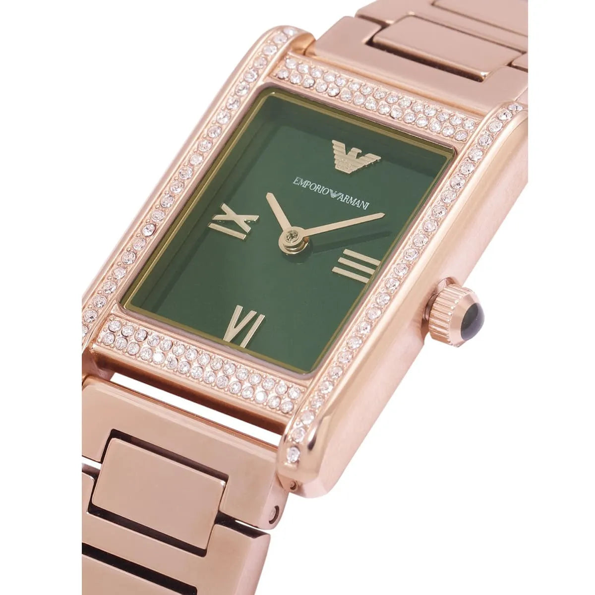 Emporio Armani Genni AR11641 32mm Women's Quartz Watch – Emerald Green Crystal-Set & Rose Gold Stainless Steel Bracelet