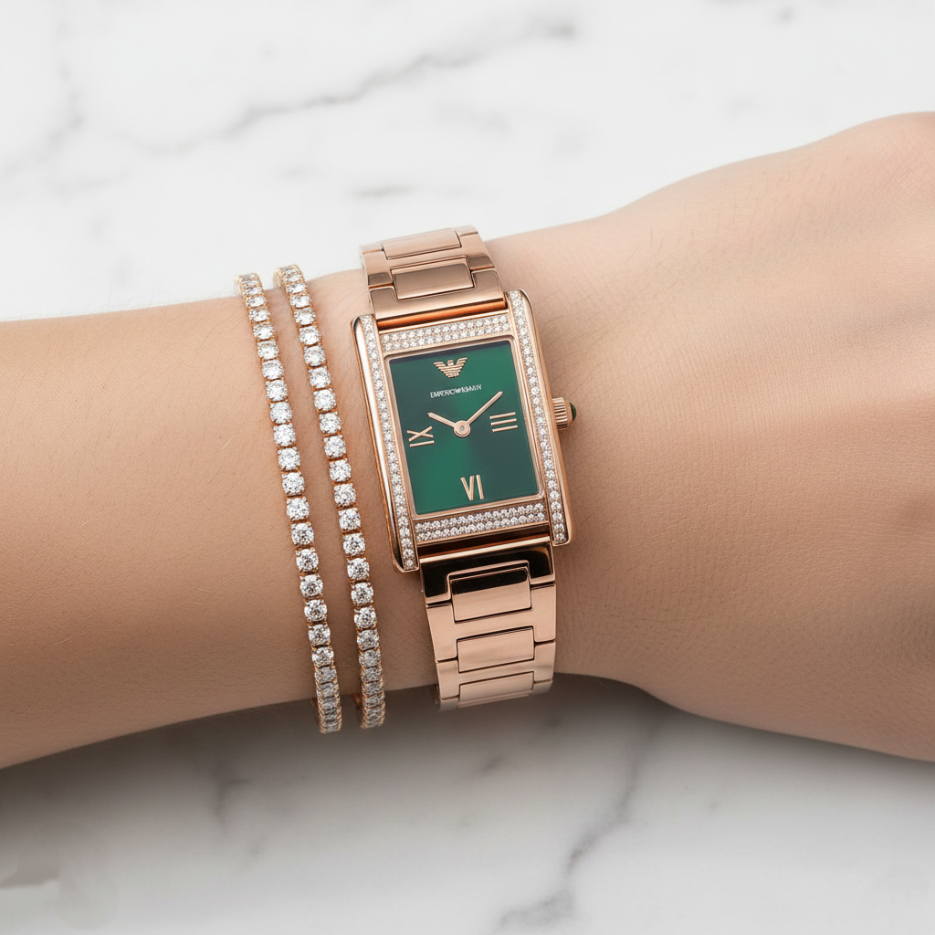 Emporio Armani Genni AR11641 32mm Women's Quartz Watch – Emerald Green Crystal-Set & Rose Gold Stainless Steel Bracelet