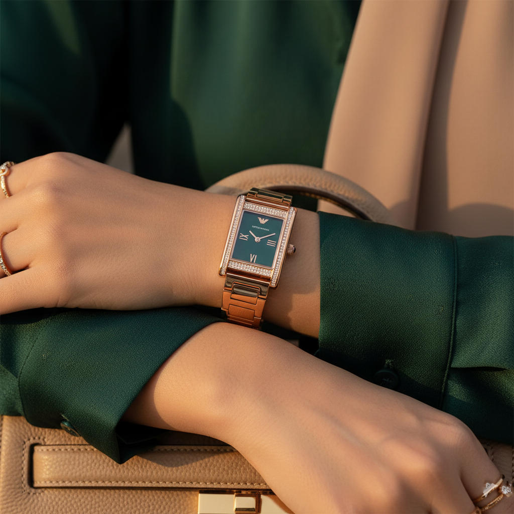 Emporio Armani Genni AR11641 32mm Women's Quartz Watch – Emerald Green Crystal-Set & Rose Gold Stainless Steel Bracelet