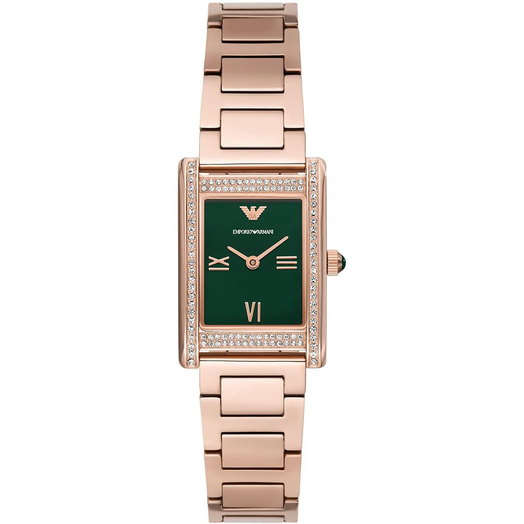 Emporio Armani Genni AR11641 32mm Women's Quartz Watch – Emerald Green Crystal-Set & Rose Gold Stainless Steel Bracelet