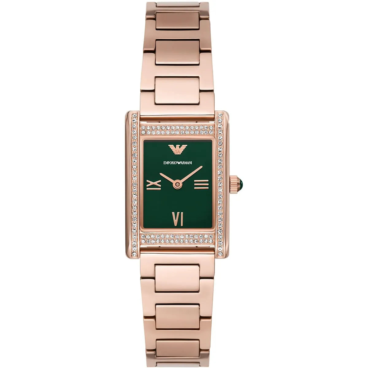 Emporio Armani Genni AR11641 32mm Women's Quartz Watch – Emerald Green Crystal-Set & Rose Gold Stainless Steel Bracelet