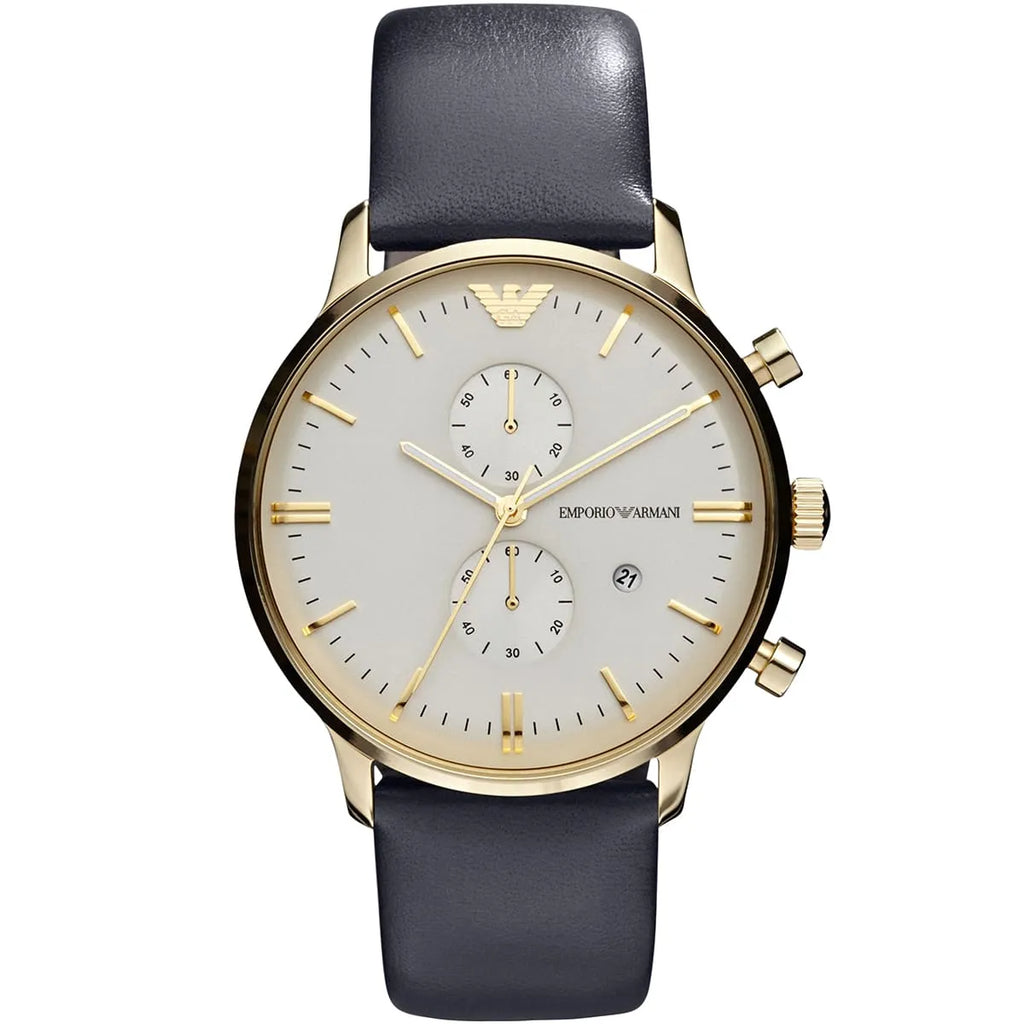 Emporio Armani Gianni AR0386 Men's Chronograph Watch – Champagne Sunray & Gold-Tone Genuine Leather Strap