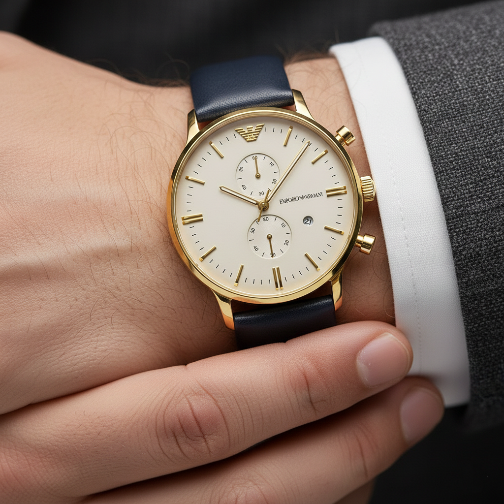 Emporio Armani Gianni AR0386 Men's Chronograph Watch – Champagne Sunray & Gold-Tone Genuine Leather Strap