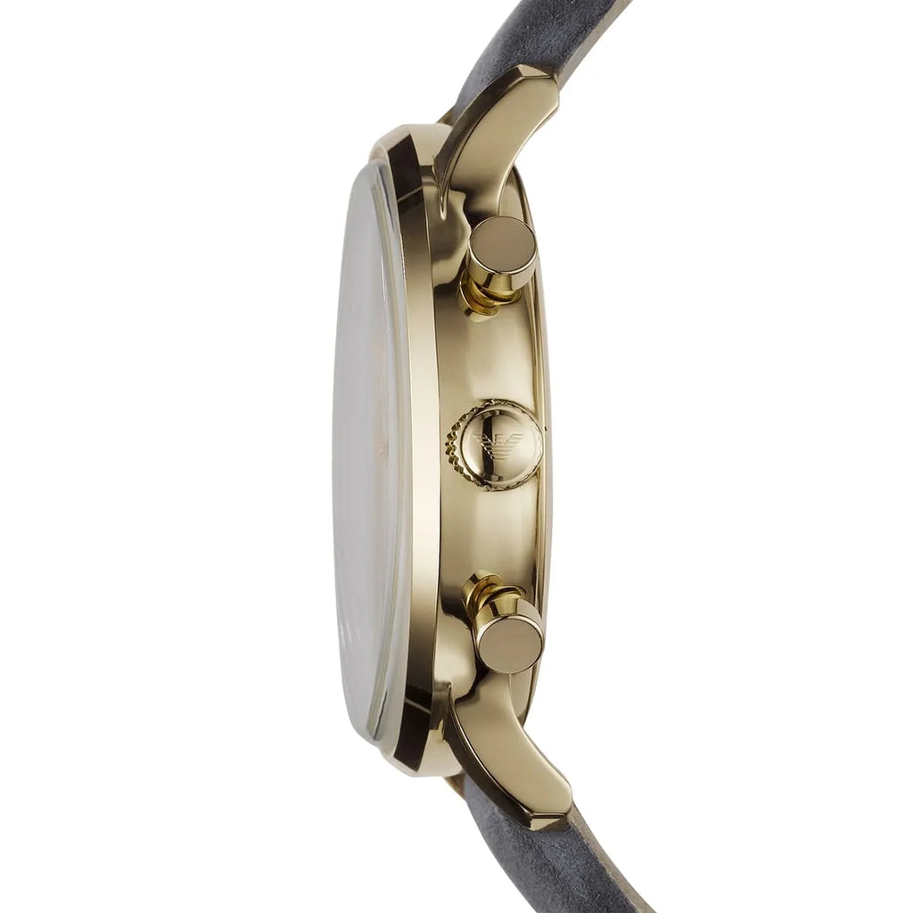 Emporio Armani Gianni AR0386 Men's Chronograph Watch – Champagne Sunray & Gold-Tone Genuine Leather Strap
