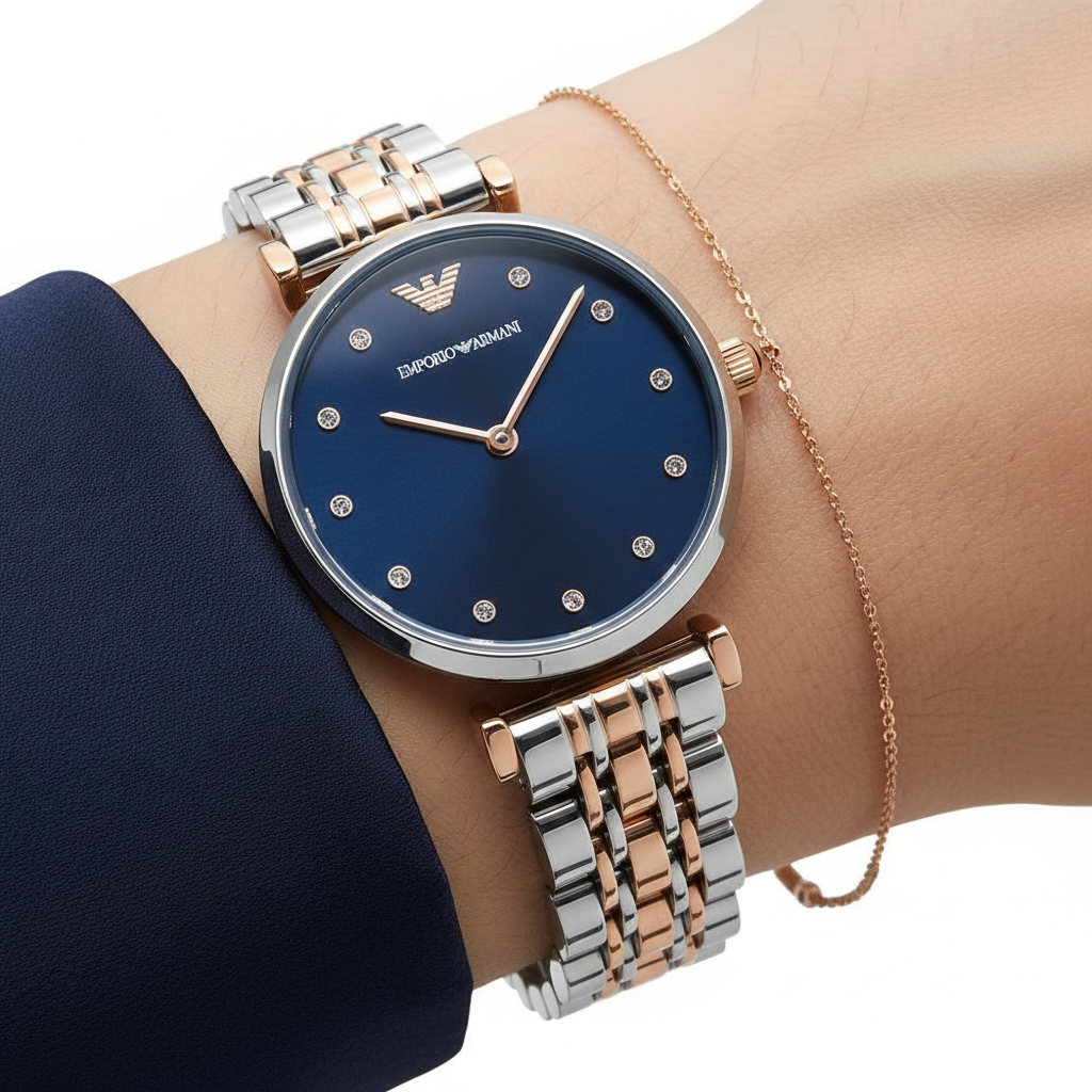 Emporio Armani Gianni T-Bar AR11092 32mm Women's Quartz Watch – Blue Sunray & Two-Tone Silver and Rose Gold Stainless Steel Bracelet