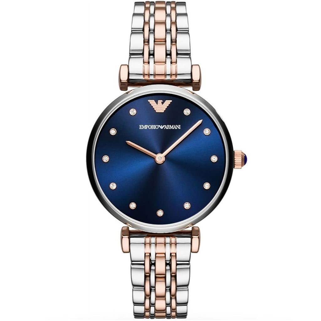 Emporio Armani Gianni T-Bar AR11092 32mm Women's Quartz Watch – Blue Sunray & Two-Tone Silver and Rose Gold Stainless Steel Bracelet