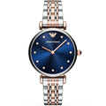 Emporio Armani Gianni T-Bar AR11092 32mm Women's Quartz Watch – Blue Sunray & Two-Tone Silver and Rose Gold Stainless Steel Bracelet