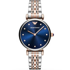 Emporio Armani Gianni T-Bar AR11092 32mm Women's Quartz Watch – Blue Sunray & Two-Tone Silver and Rose Gold Stainless Steel Bracelet