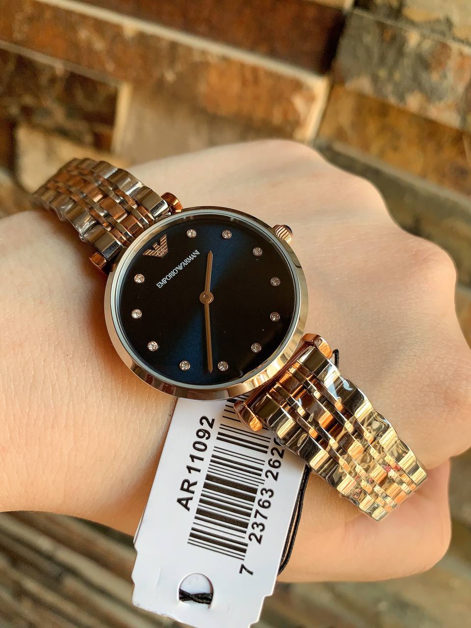 Emporio Armani Gianni T-Bar AR11092 32mm Women's Quartz Watch – Blue Sunray & Two-Tone Silver and Rose Gold Stainless Steel Bracelet