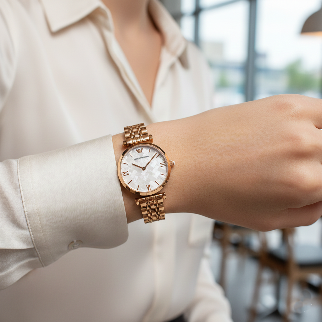 Emporio Armani Gianni T-Bar AR11110 32mm Women's Quartz Watch – Mother-of-Pearl Mosaic & Rose Gold-Tone Stainless Steel Bracelet