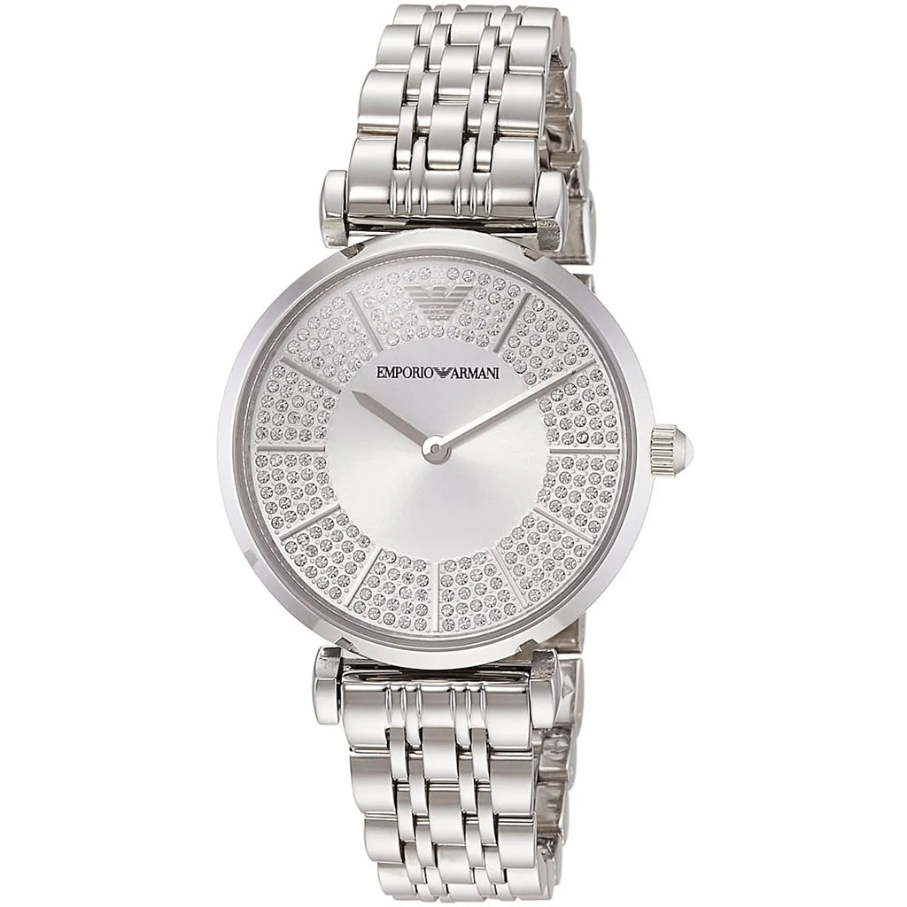 Emporio Armani Gianni T-Bar AR11445 32mm Women's Quartz Watch – Silver Crystal-Set & Silver Stainless Steel Bracelet
