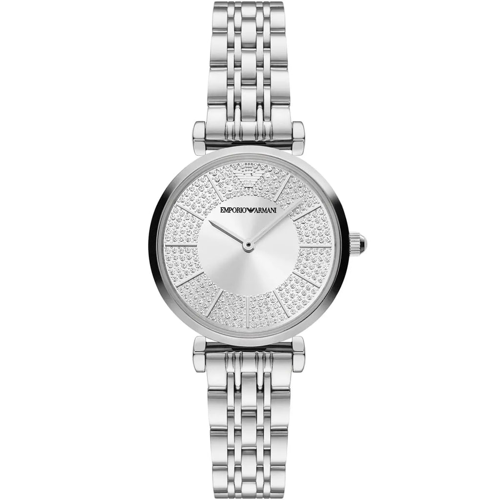 Emporio Armani Gianni T-Bar AR11445 32mm Women's Quartz Watch – Silver Crystal-Set & Silver Stainless Steel Bracelet