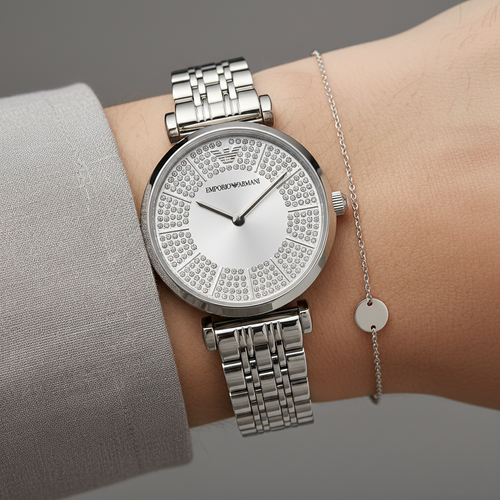 Emporio Armani Gianni T-Bar AR11445 32mm Women's Quartz Watch – Silver Crystal-Set & Silver Stainless Steel Bracelet