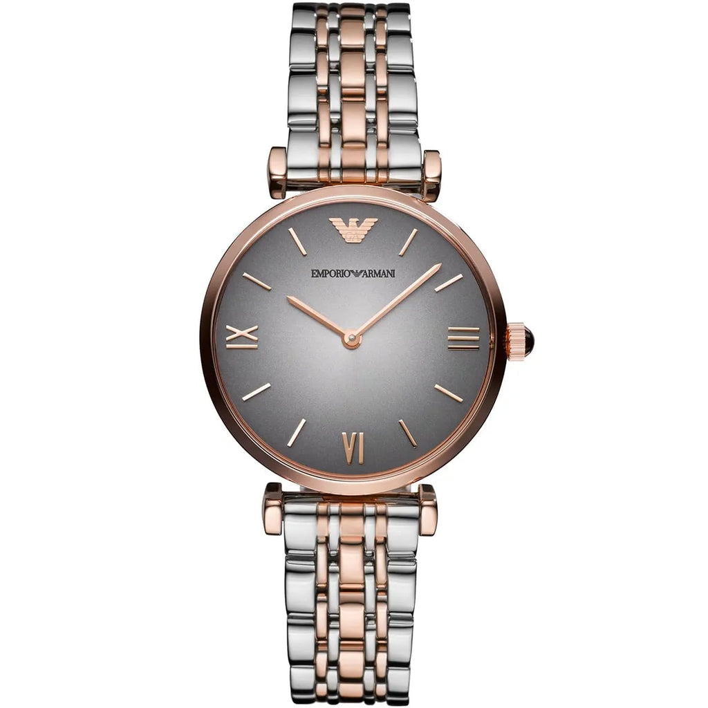 Emporio Armani Gianni T-Bar AR1725 32mm Women's Quartz Watch – Two-Tone Sunray & Two-Tone Silver and Rose Gold Stainless Steel Bracelet