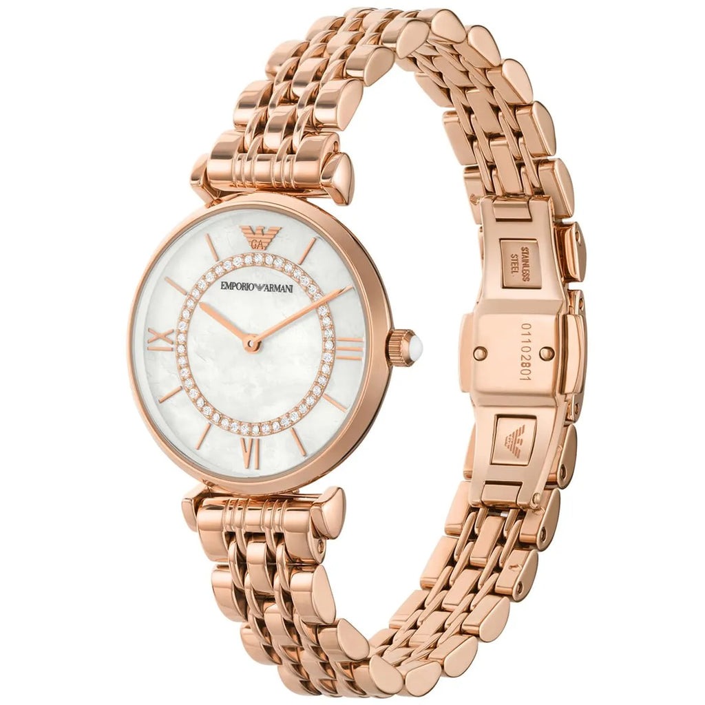 Emporio Armani Gianni T-Bar AR1909 32mm Women's Quartz Watch – Mother-of-Pearl & Rose Gold-Tone Genuine Leather Strap