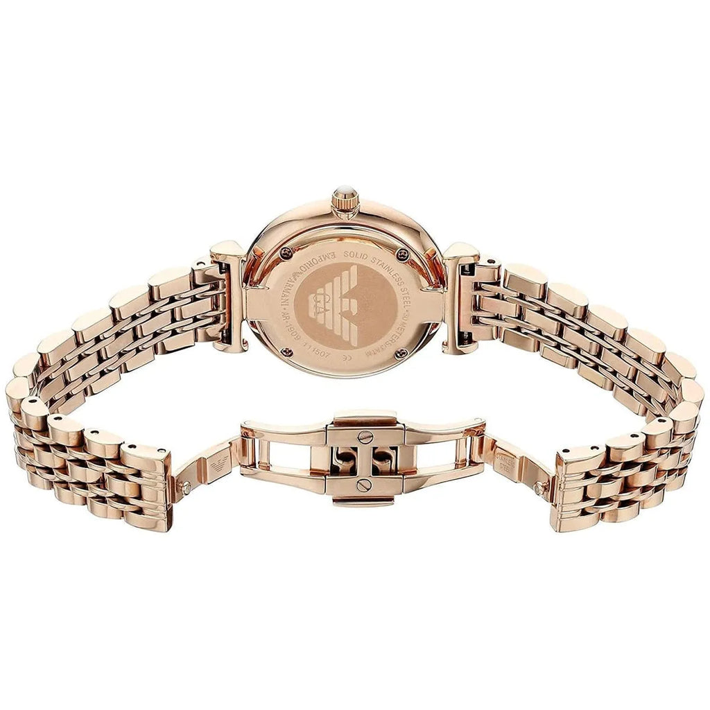 Emporio Armani Gianni T-Bar AR1909 32mm Women's Quartz Watch – Mother-of-Pearl & Rose Gold-Tone Genuine Leather Strap