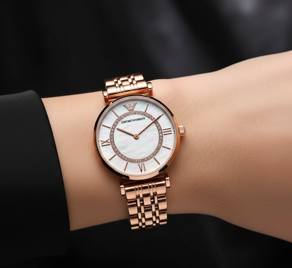 Emporio Armani Gianni T-Bar AR1909 32mm Women's Quartz Watch – Mother-of-Pearl & Rose Gold-Tone Genuine Leather Strap