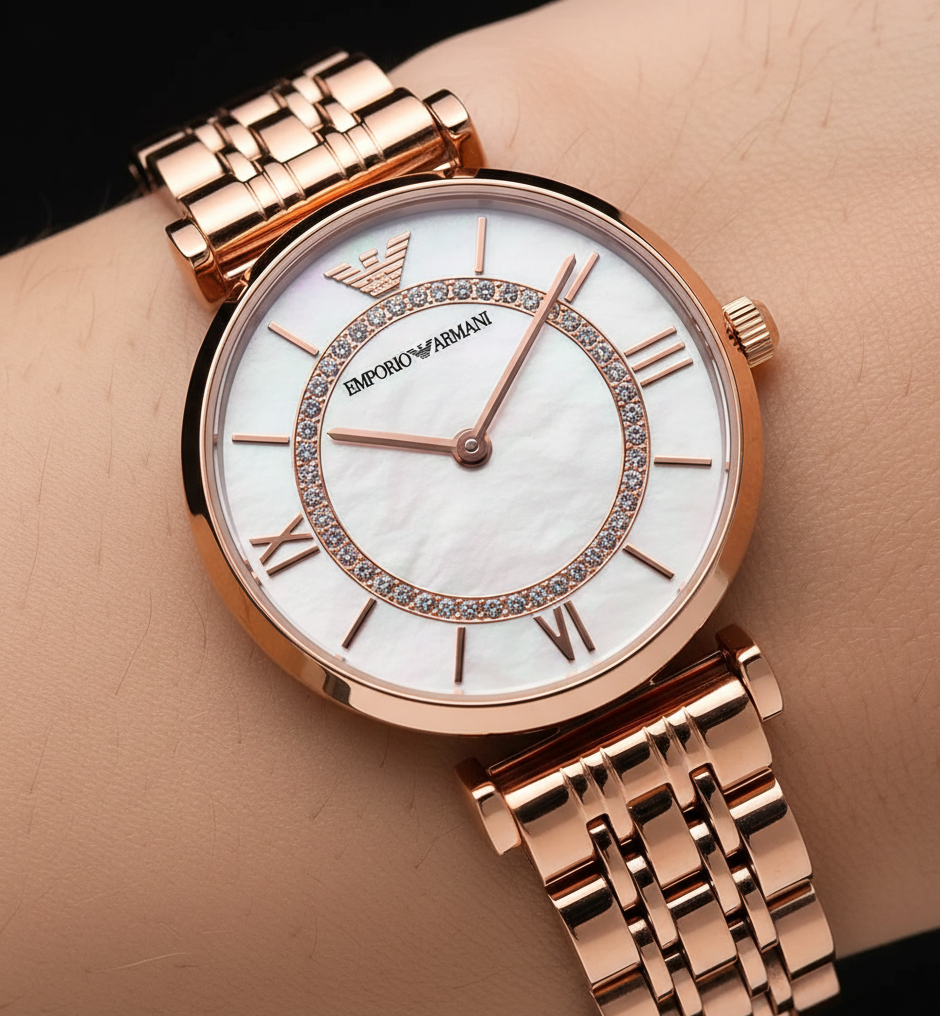 Emporio Armani Gianni T-Bar AR1909 32mm Women's Quartz Watch – Mother-of-Pearl & Rose Gold-Tone Genuine Leather Strap