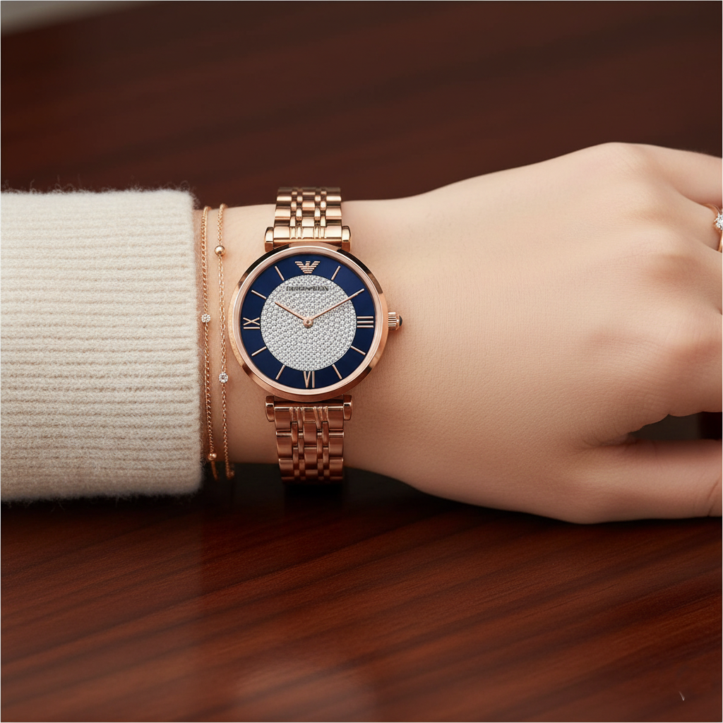 Emporio Armani Gianni T-Bar AR11423 32mm Women's Quartz Watch – Navy Blue & Rose Gold Stainless Steel Bracelet
