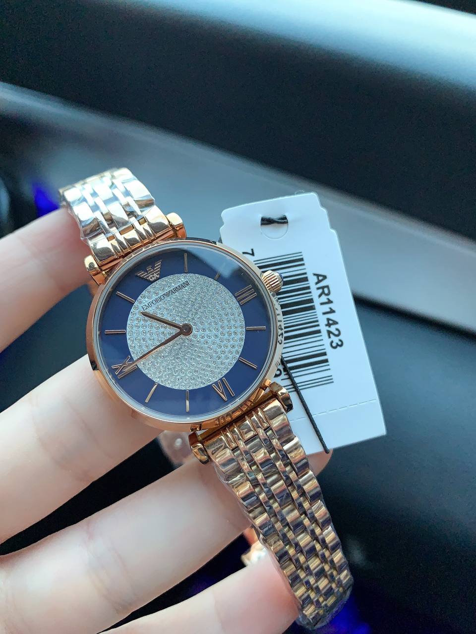 Emporio Armani Gianni T-Bar AR11423 32mm Women's Quartz Watch – Navy Blue & Rose Gold Stainless Steel Bracelet