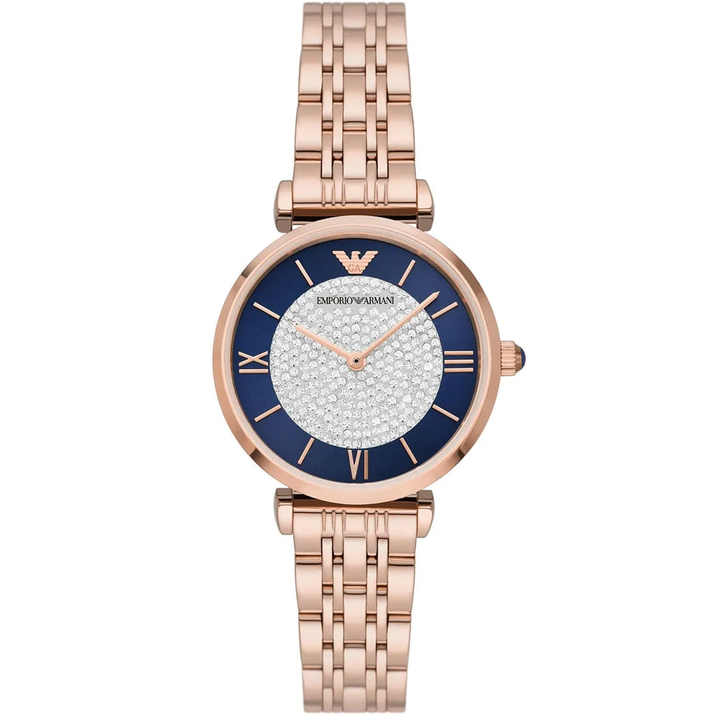 Emporio Armani Gianni T-Bar AR11423 32mm Women's Quartz Watch – Navy Blue & Rose Gold Stainless Steel Bracelet