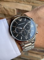 Emporio Armani Giovanni AR11208 43mm Men's Chronograph Watch – Black Sunray & Silver Stainless Steel Bracelet