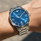 Emporio Armani Giovanni AR11227 43mm Men's Chronograph Watch – Blue Sunray & Black Stainless Steel Bracelet