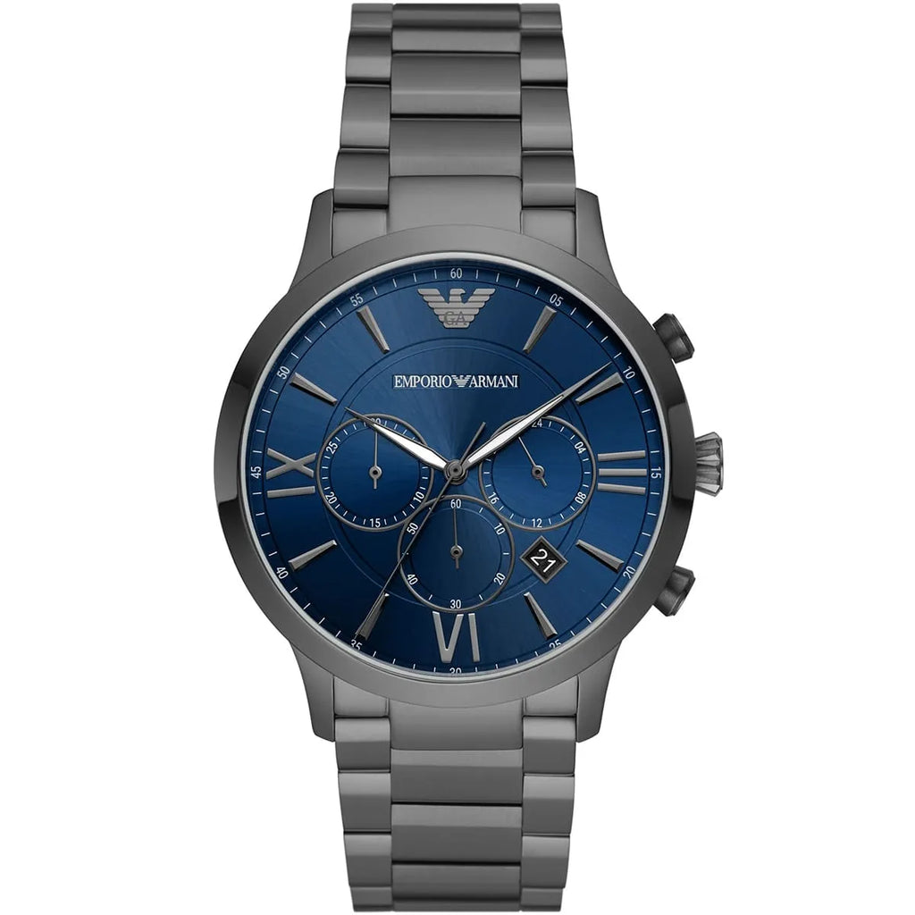 Emporio Armani Giovanni AR11348 43mm Men's Chronograph Watch – Navy Blue Sunray & Navy Blue Genuine Leather Strap