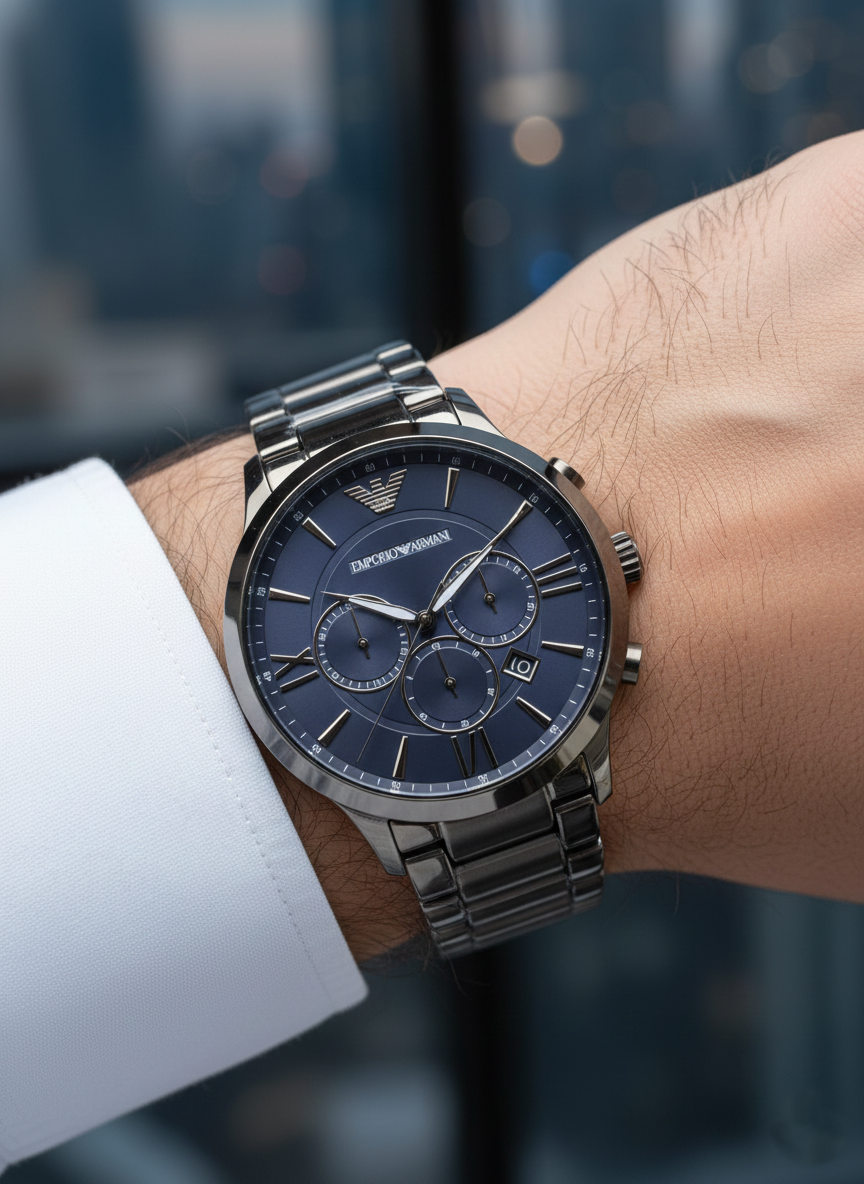 Emporio Armani Giovanni AR11348 43mm Men's Chronograph Watch – Navy Blue Sunray & Navy Blue Genuine Leather Strap
