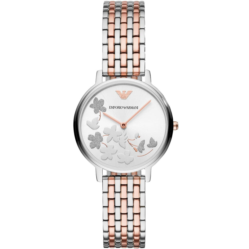 Emporio Armani Kappa AR11113 32mm Women's Quartz Watch – Silver Crystal-Set Floral & Two-Tone Silver and Rose Gold Stainless Steel Bracelet