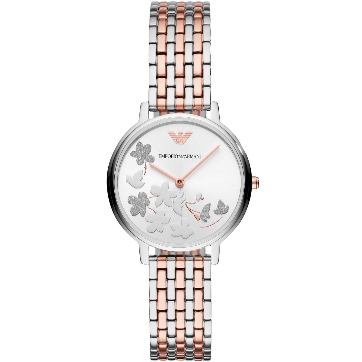 Emporio Armani Kappa AR11113 32mm Women's Quartz Watch – Silver Crystal-Set Floral & Two-Tone Silver and Rose Gold Stainless Steel Bracelet