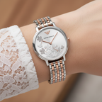 Emporio Armani Kappa AR11113 32mm Women's Quartz Watch – Silver Crystal-Set Floral & Two-Tone Silver and Rose Gold Stainless Steel Bracelet