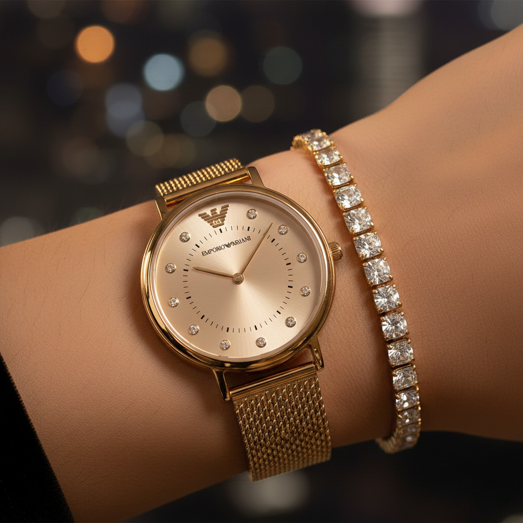 Emporio Armani Kappa AR11129 32mm Women's Quartz Watch – Gold Crystal-Set Sunray & Gold Stainless Steel Mesh Bracelet