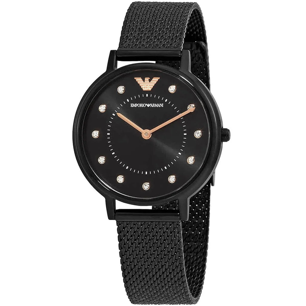 Emporio Armani Kappa AR11252 32mm Women's Quartz Watch – Black Crystal-Set Sunray & Black Stainless Steel Mesh Bracelet
