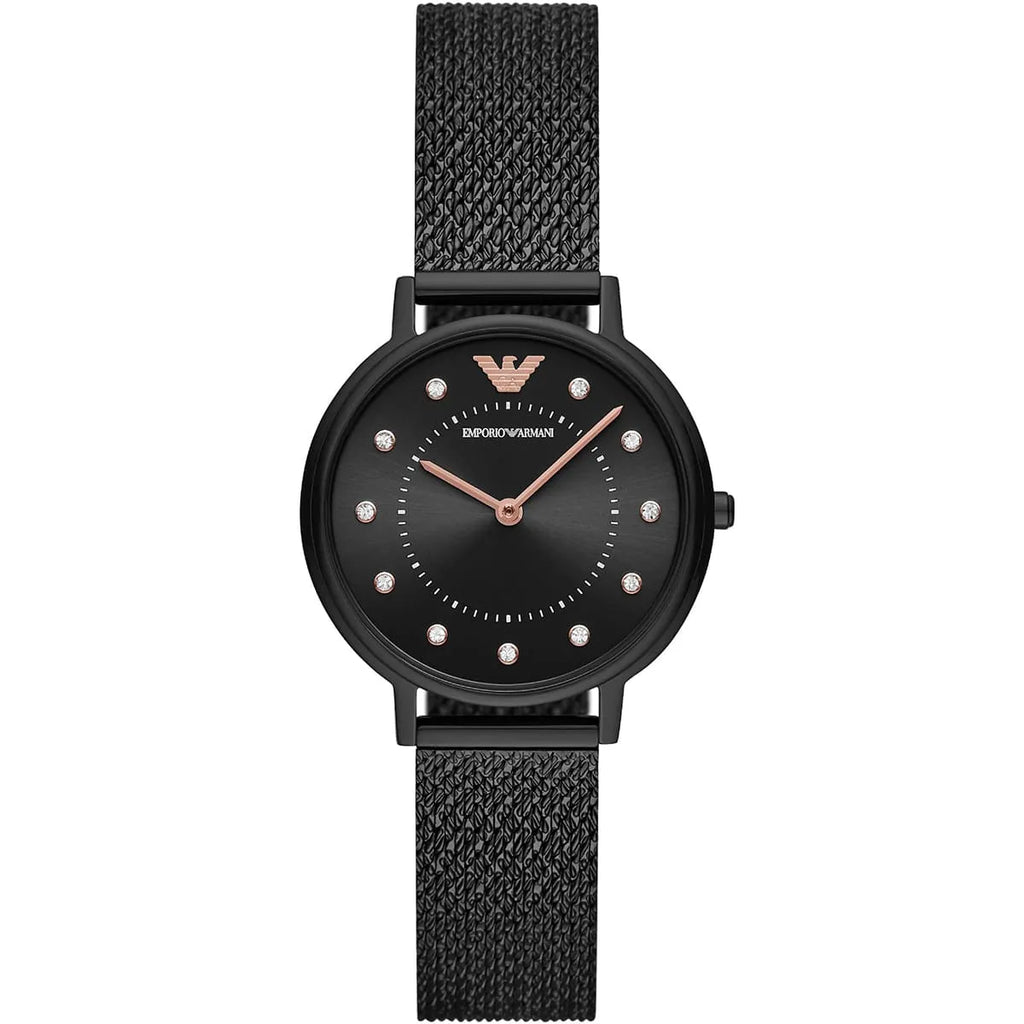 Emporio Armani Kappa AR11252 32mm Women's Quartz Watch – Black Crystal-Set Sunray & Black Stainless Steel Mesh Bracelet
