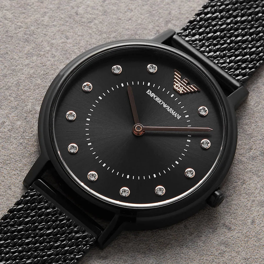 Emporio Armani Kappa AR11252 32mm Women's Quartz Watch – Black Crystal-Set Sunray & Black Stainless Steel Mesh Bracelet