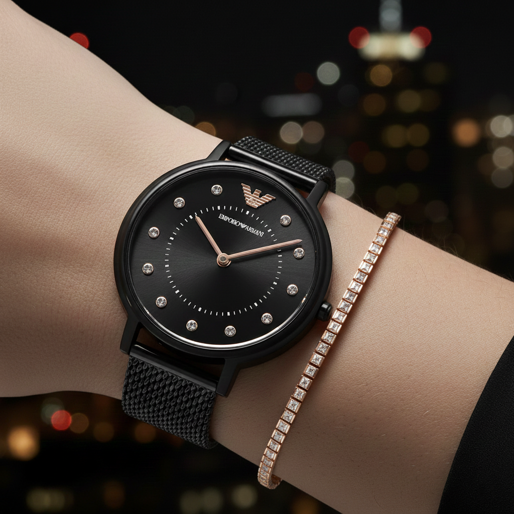 Emporio Armani Kappa AR11252 32mm Women's Quartz Watch – Black Crystal-Set Sunray & Black Stainless Steel Mesh Bracelet