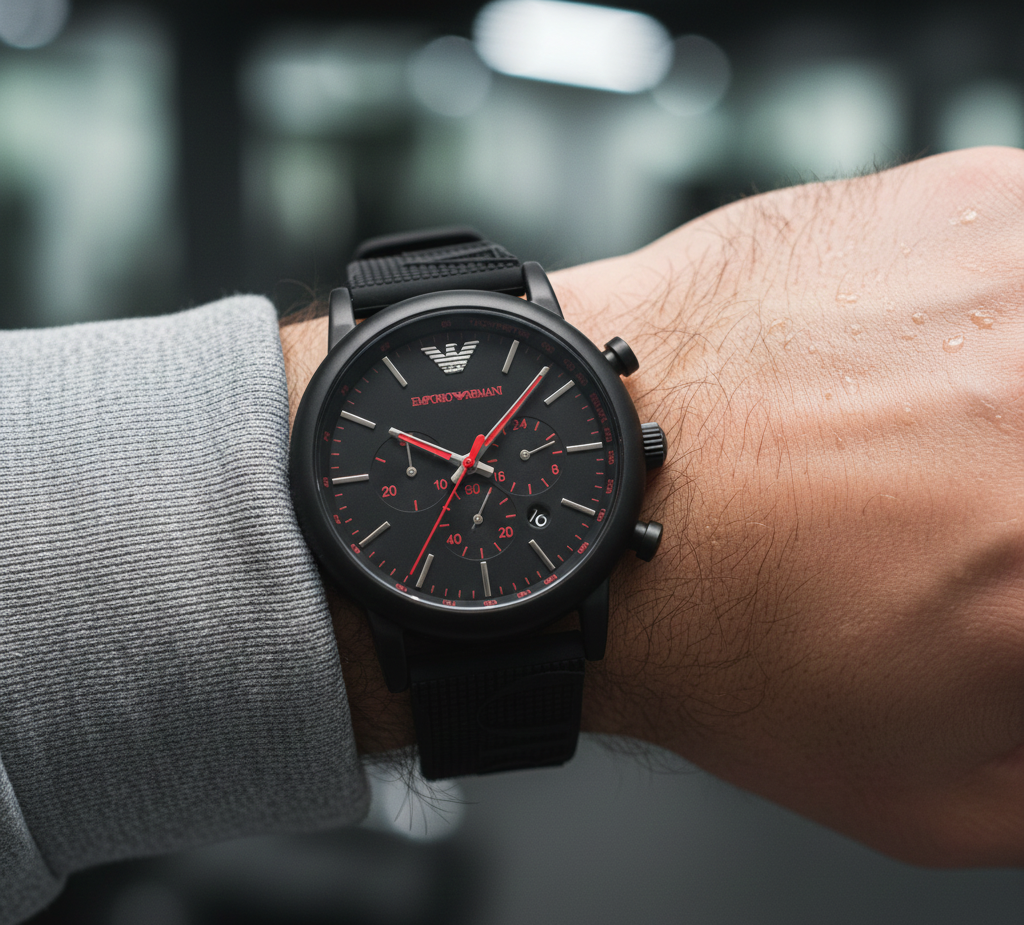 Emporio Armani Luigi AR11024 46mm Men's Chronograph Watch – Black & Black Silicone Strap