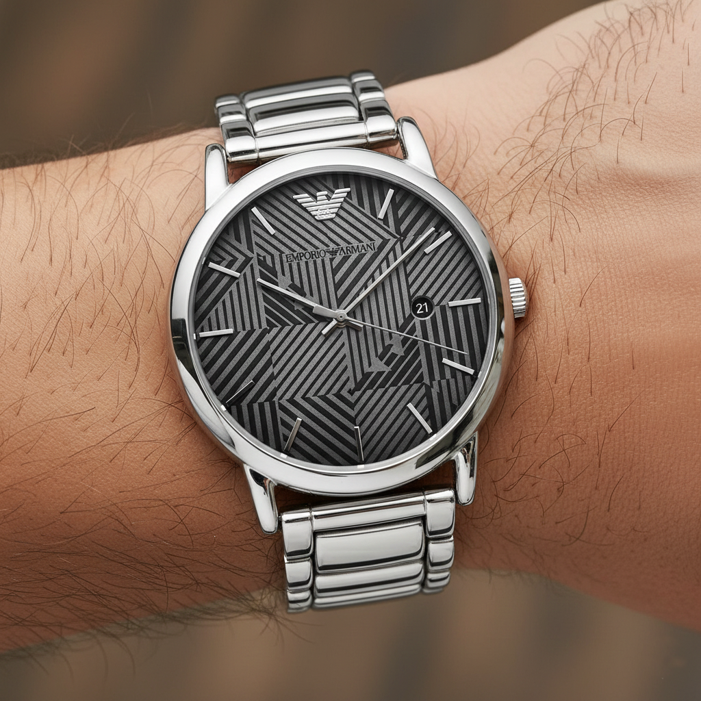 Emporio Armani Luigi AR11134 43mm Men's Chronograph Watch – Black Textured & Silver-Tone Stainless Steel Bracelet