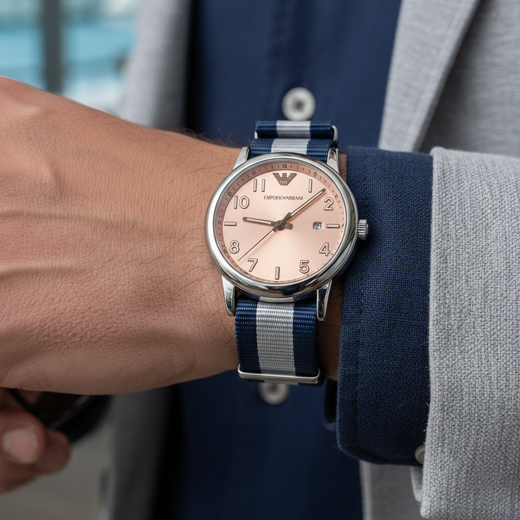 Emporio Armani Luigi AR11212 Men's Quartz Watch – Peach Sunray & Navy Blue Textile Strap
