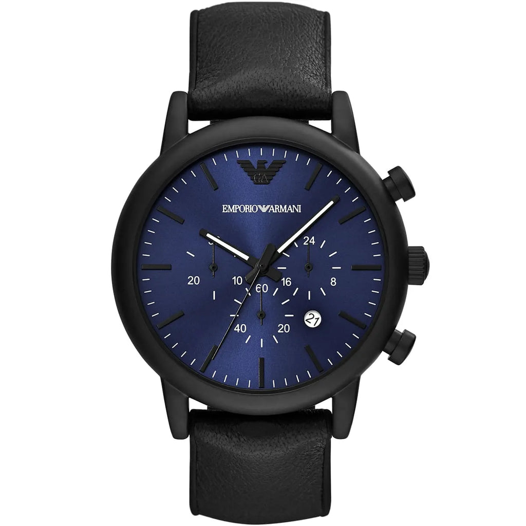 Emporio Armani Luigi AR11351 Men's Chronograph Watch – Blue Sunray & Black Genuine Leather Strap