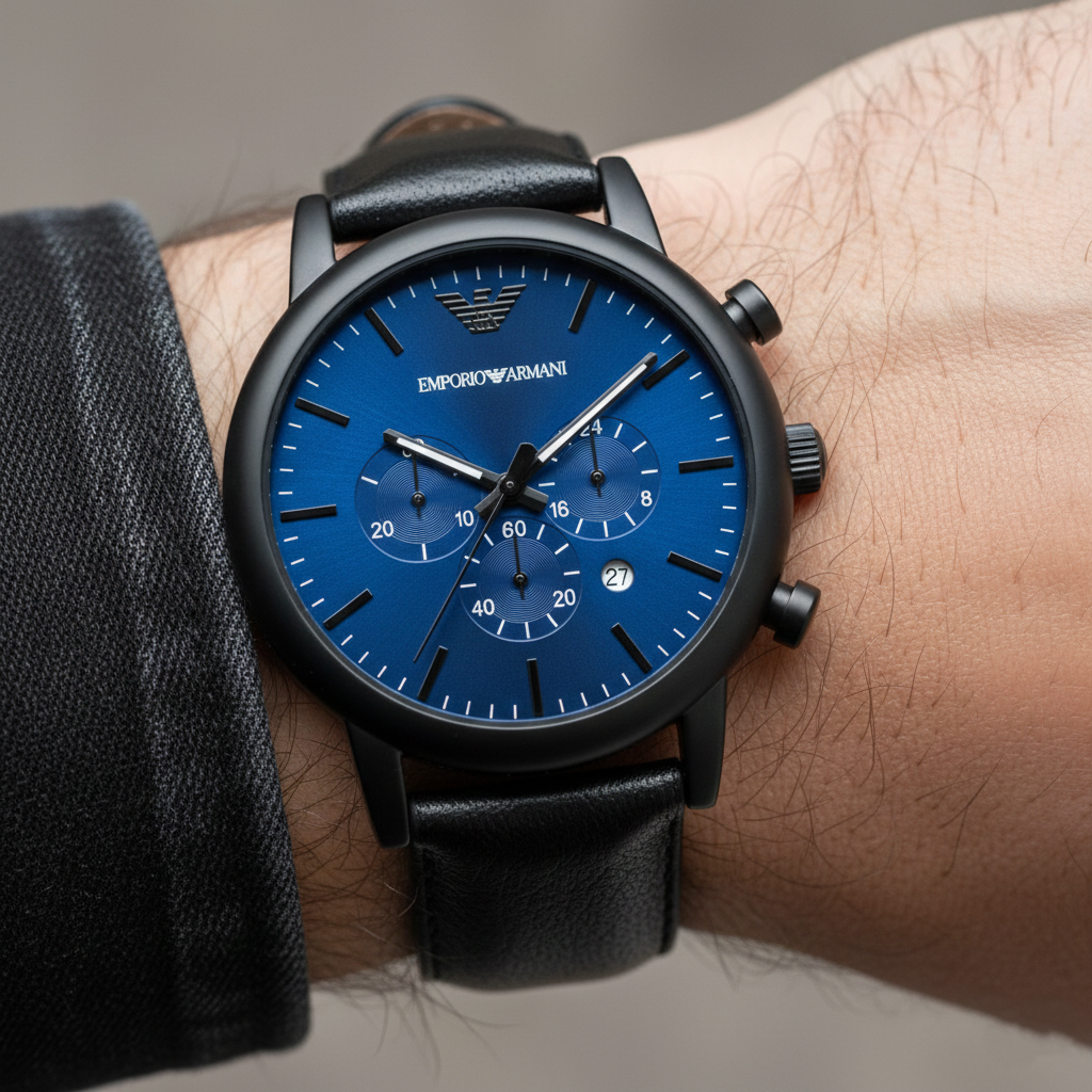 Emporio Armani Luigi AR11351 Men's Chronograph Watch – Blue Sunray & Black Genuine Leather Strap